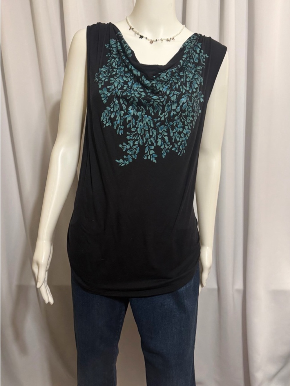 Cato Whimsigoth Black Cowl Neck Tank Teal Floral Open Back Top